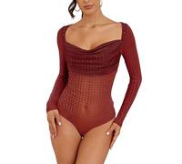 MAYFASEY Women's Rhinestone Square Neck Sheer Mesh Long Sleeve Bodysuit Ruched Body Suits Going Out Tops, Wine Red, M