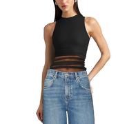 MAYFASEY Women's Round Neck Sleeveless See Through Sheer Mesh Tank Crop Top, Black, XL