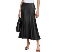 MAYFASEY Women's Satin Midi Skirts High Waist Zipper Flared Elegant Long Skirt Casual A Line Silk Cocktail Skirt, Black, M