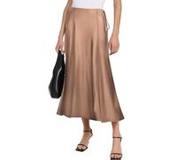 MAYFASEY Women's Satin Midi Skirts High Waist Zipper Flared Elegant Long Skirt Casual A Line Silk Cocktail Skirt, Light Coffee, XL