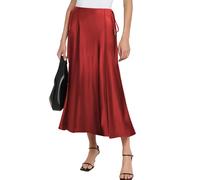 MAYFASEY Women's Satin Midi Skirts High Waist Zipper Flared Elegant Long Skirt Casual A Line Silk Cocktail Skirt, Wine Red, XL