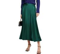 MAYFASEY Women's Satin Midi Skirts High Waist Zipper Flared Elegant Long Skirt Casual A Line Silk Cocktail Skirt, Dark Green, M