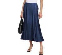 MAYFASEY Women's Satin Midi Skirts High Waist Zipper Flared Elegant Long Skirt Casual A Line Silk Cocktail Skirt, Navy Blue, S