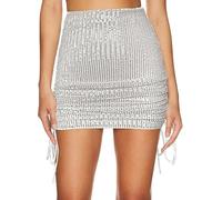 MAYFASEY Women's Sequin Skirt Sparkly Glitter Bodycon Mini Skirts Side Drawstring Ruched Mini Pencil Short Skirt, Silver, L