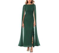 MAYFASEY Women's Sexy Elegant Long Sleeve High Split Mesh Ruched Formal Long Evening Party Maxi Dress with Cape, Dark Green, M