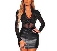 MAYFASEY Women's Sexy V Neck Rhinestone Mesh Long Sleeves Tunic Shirts Sheer Tops Blouse, Black, M
