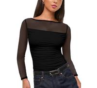 MAYFASEY Women's Trendy Boat Neck Long Sleeve Tops Sexy Sheer Mesh Ruched Going Out Blouse Shirts, Black, XXL