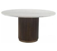 Mayfield White Marble Top 6 Seater Round Dining Table - Dark Wood Fluted Pedestal Base