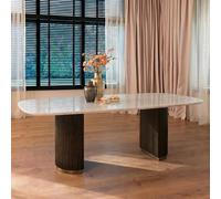 Mayfield White Marble Top 8 Seater Oval Dining Table - Dark Wood Fluted Pedestal Base