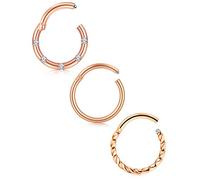 Mayhoop 18GNose Ring Nose Piercing Rings Surgical Steel rose gold 8mm Hinged Segment Clicker Rings Hoop Eyebrow Lip Bars Tragus Daith Helix Earrings Piercing Jewellery 3Pcs