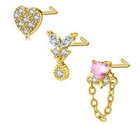 Mayhoop 20G 3PCS Nose Studs Nose Rings Hoops Surgical Steel Heart Butterfly Stars Golden Nostril Piercing Nose Piercing Jewelry for Women Men