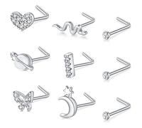 Mayhoop 20G Nose Stud Nose Ring Surgical Steel with Heart Flower Butterfly Snake Opal CZ Nose Piercing 9Pcs for Women Men Silver