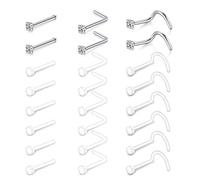 Mayhoop 24 Pcs Clear Nose Studs Retainers Bioflex Acrylic & Stainless Steel Diamond CZ Nose Studs 18G L Shaped Nose Retainers Bone Pin Nose Studs Screw Piercing Jewelry