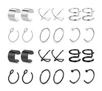 Mayhoop 24 Pcs Fake Piercings Ear Cuffs Earrings Stainless Steel Clips on Helix Cartilage Earring Wrap Fake Nose Lip Rings Non Piercing Silver Black for Women Men