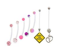 Mayhoop 7 Pcs Pregnancy Belly Bars Flexible 14G Maternity Sport Bioplast CZ & Paved Crystal Ball Navel Button Ring Retainer Pink