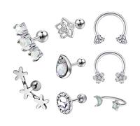 Mayhoop 8 Pcs Tragus Bars Helix Earrings Ear Studs16G Stainless Steel Silver Flower Opal Horseshoe Ring Cartilage Earrings Piercing Jewelry