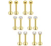 Mayhoop Tragus Earrings 16G Surgical Steel Cartilage Studs Piercing Clear Diamond CZ Conch Helix Ring Barbell Jewelry for Women Men 6mm 12 Pieces Gold