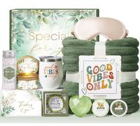 MAYICIVO 11PC Self Care Gift Basket for Women, Sage Green Cotton Blend Throw Blanket, Inspired by Good Vibes Only
