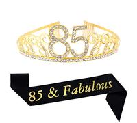 Mayin 85th Birthday Gold Tiara and '85 & Fabulous' Sash, Crystal Rhinestone Crown and Satin Sash for 85th Birthday Party Supplies and Celebration Gifts