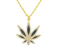 MAYIYAHO Iced Out Red Green Weed Leaf Piece Pendant Necklace Crystal Hip Hop Popular Necklace Golden Silver Rope Chain Bling