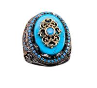 MAYIYAHO Vintage Turquoise Rings Luxury Natural Blue Stone Turkish Handmade Crown Ring For Men Women Islamic Religious Muslim Jewelry