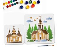 MAYJOY 2PCS Church Stencil Set, Reusable Christian Cross & Dove Painting Templates for Wood, Wall & Canvas (15x15cm) - Includes Gothic Clouds & Birds Design with Brush