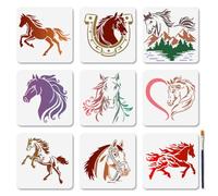 MAYJOY 9 PCS Horse Stencil Set, 15x15cm Reusable Templates (Horseshoe, Hoof, Mane) for Wood, Wall & Fabric Painting - Includes Brush for Nature & Animal Themed Art