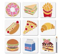 MAYJOY 9PCS Food Theme Stencils Set, 15x15cm Reusable Painting Templates (Hamburger, Hot Dog, Donut, Fries) for Wall, Wood & Canvas - Includes Paint Brush