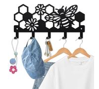 MAYJOY Bee Beehive Metal Key Holder, Hexagonal Honeycomb Wall Mounted Coat Rack with 5 Hooks, Black Beehive & Flowers Art Key Hook for Hallway, Kitchen, Bedroom Home Decor (25x12cm)