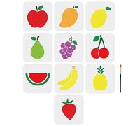 MAYJOYDIY 10pcs Fruits Stencils Mango Lemon Pear Grape Cherry Watermelon Banana Pineapple Strawberry Painting Template 15×15cm with Paint Brush DIY Art Craft Wall Home Decor