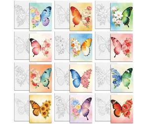MAYJOYDIY 12 Pcs Butterfly Flowers Pre Drawn Canvas to Painting Sunflower Rose Magnolia Pre Printed Canvas 25×20cm Butterfly Exotic Floral DIY Paint Art Board for Beginners, Party Favor