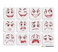 MAYJOYDIY 12 Pcs Cartoon Face Stencil Set Reusable Emotional Expression Stencils for Painting 15x15cm Comics Drawing Templates with Paint Brush for Shirt Wood Wall Cards Home Decoration
