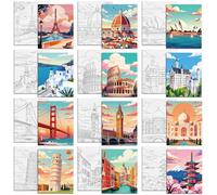 MAYJOYDIY 12 Pcs Landmark Buildings Pre Drawn Canvas to Painting Tourism Attractions Pre Printed Canvas for Adults 9.8×7.9 Inch DIY Paint Art Supplies for Beginners, Students, Party Gifts