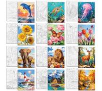 MAYJOYDIY 12 Pcs Marine Life Landscape Pre Drawn Canvas to Painting Dolphin Sunflower Elephant Pre Printed Canvas 25×20cm Lighthouse Jellyfish DIY Paint Art Board for Beginners, Party Favor