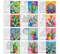MAYJOYDIY 12 Pcs Succulents Cacti Pre Drawn Canvas to Painting Potted Plant Pre Printed Canvas 20×25cm Flowering Cactus DIY Paint Art Board for Beginners