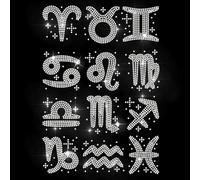 MAYJOYDIY 12 Zodiac Rhinestone Transfers, Hotfix Constellation Iron-On Decals (Aries to Pisces) for T-Shirts, Jackets & Bags - Bling Clothing Embellishment & Repair Patches