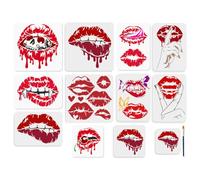 MAYJOYDIY 12Pcs Bleeding Red Lips Stencils Vampire Skull Painting Stencil 15~30cm Reusable Cherry Butterfly Drawing Template with Paint Brush for Craft on Window Wood Wall Home Decor