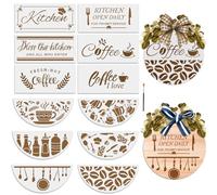 MAYJOYDIY 12pcs Coffee Kitchen Welcome Stencils for Painting On Wood 12" Half Round Coffee Quote Stencils Coffee Beans Bless Kitchen Coffee Pattern with Paint Brush Room Wall Coffee Shop Decor