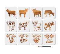 MAYJOYDIY 12Pcs Cows Cattles Stencils Reusable Highland Cattles Stencil for Painting 5.9×5.9inch Farm Animals Art Craft Templates with Paint Brush for Window Wood Wall Home Gift Decoration