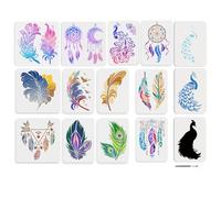 MAYJOYDIY 15Pcs Elegant Peacock Stencils Feather Dreamcatcher Painting Stencil 30×30/29.7×21cm Reusable Drawing Template with Paint Brush for Craft on Window Wood Wall Home Decor