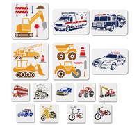 MAYJOYDIY 15Pcs Vehicles Theme Stencil Set Transportation Tools Cars Painting Stencils Train Tractor Motorcycle Reusable Drawing Template with Paint Brush for Wall Paper Album Home Decoration