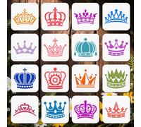 MAYJOYDIY 16 Pcs Crown Stencil 15×15cm Reusable King Queen Princess Gems Crown Stencils with Paint Brush Royal Jewelry Crown Template for Wood Fabric Wall Window DIY Craft