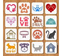 MAYJOYDIY 16Pcs 16 Styles Small Paw Print Stencils 15x15cm Dog Cat Stencils and Patterns Animal Stencil with Brush for Craft Painting On Wood Craft Canvas Walls Decorations Scrapbooking