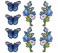 MAYJOYDIY 16Pcs Blue Rose and Butterfly Embroidered Patches - Iron On & Sew On Applique for Jeans, Jackets, Hats, Bags - Floral Repair Patch for Clothing, DIY Crafts, Decorative Badges