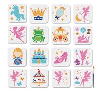 MAYJOYDIY 16Pcs Fairy Pattern Stencils Magic Princess Painting Stencils 15×15cm Reusable Elves Castle Drawing Template with Paint Brush for Clothes Wall Paper Wood Home Decoration