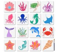 MAYJOYDIY 16Pcs Marine Life Stencil Set Reusable Ocean Mermaid Stencils for Painting 15×15cm Dolphins Octopus Art Craft Templates with Paint Brush for Window Wood Wall Home Gift Decor