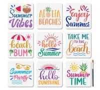 MAYJOYDIY 16Pcs Summer Beach Stencil Set Watermelon Coconut Juice Stencils for Painting 15×15cm Lifebuoy Surfboard Art Craft Templates with Paint Brush for Window Wood Wall Home Gift Decor