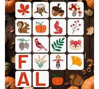 MAYJOYDIY 18 Pcs Fall Stencil Reusable Mushroom Maple Leaves Stencils for Painting 15x15cm Autumn Animal Fruit Drawing Templates with Paint Brush for Wall Wood Paper Album Decoration