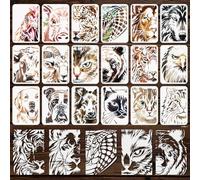 MAYJOYDIY 18Pcs A4 Animal Face Stencils Tiger Lion Wolf Eagle Templates for Painting 29.7×21cm with Paint Brush Reusable Chicken Pig Leopard Stencils for Window Wood Wall Home Decor