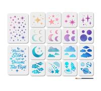 MAYJOYDIY 18Pcs Star Moon Cloud Stencil Universe Spaceship Art Craft Stencils 15×15/29.7×21cm(5.9×5.9/11.7×8.3inch) Reusable Dreamy Template Set for Painting on Wood Furniture Canvas Wall Paper Decor